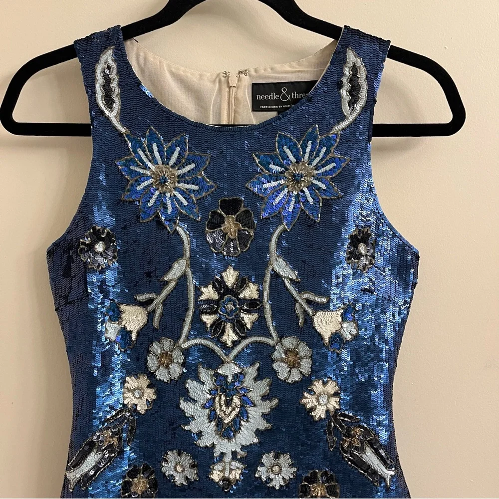 Needle & Thread Blue Floral Sequin Sleeveless Mini Dress Size US 2 - Picture 3 of 10